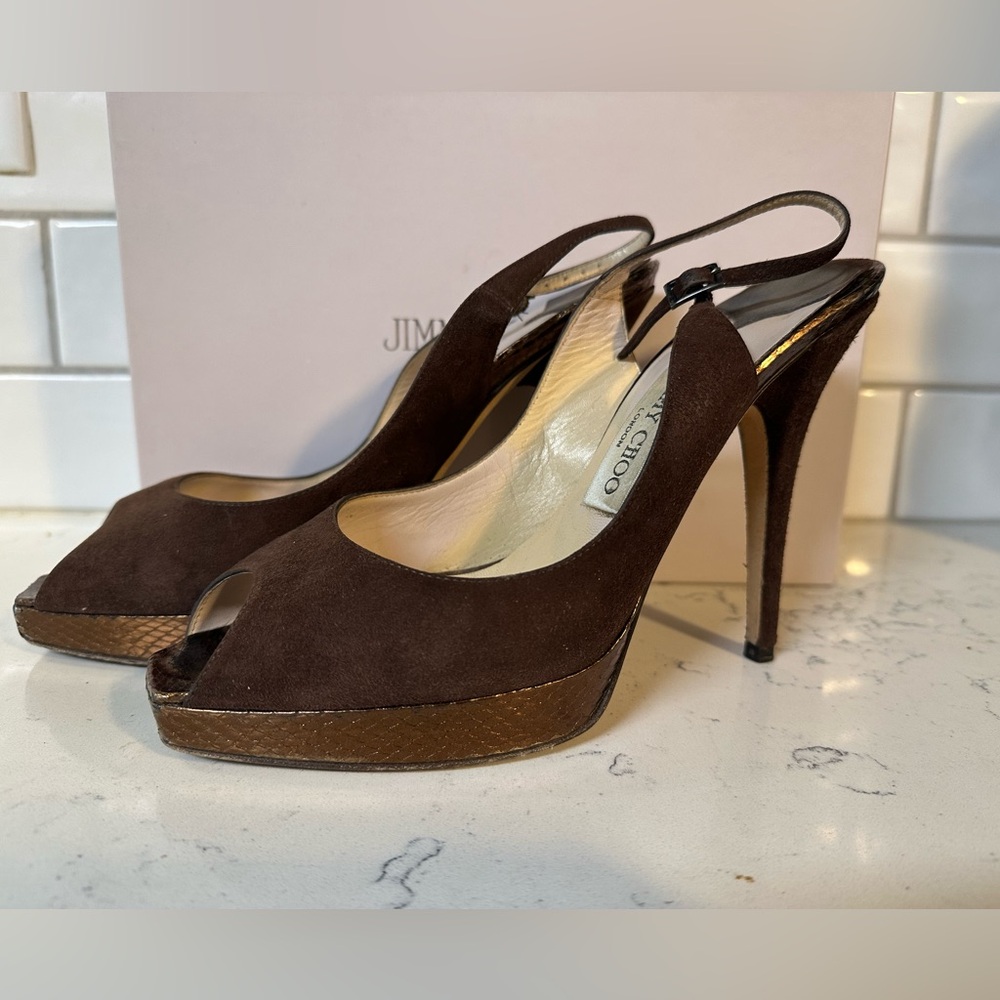 Vintage Jimmy Choo Clue Brown Suede Peep Toe Heels size 39(US 8)